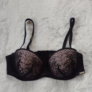 Tahari Black Lace Balconette Multi-way Bra with Nude Underlay Size 36B